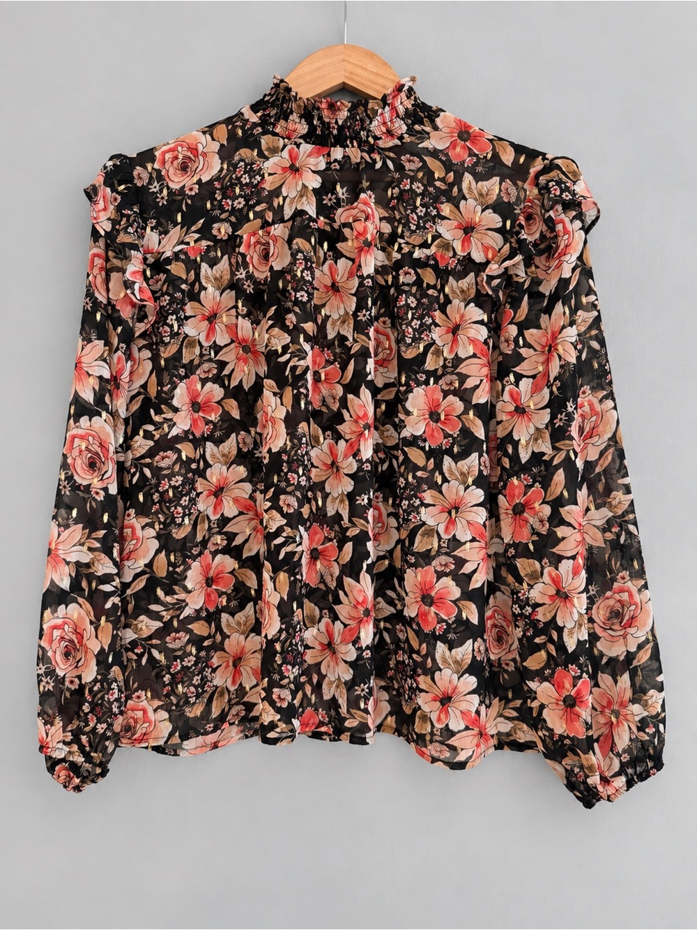 Maurices Large Black Floral Sheer Blouse Gold Metallic Ruffle Smocked Neck